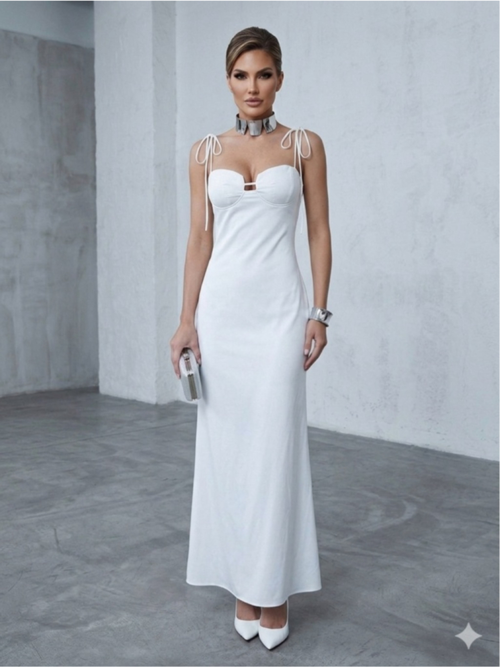Fashion Nova White Satin Maxi Dress Small Shell Style Bust Spaghetti Strap Forma